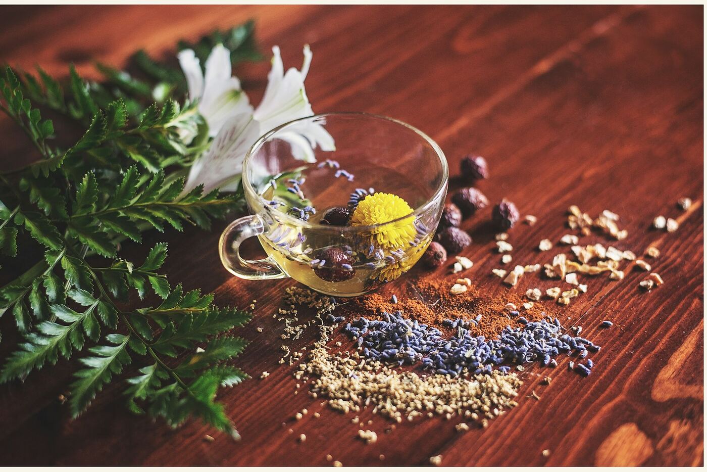 Tezgâhta bitki çayı, lavanta ve kurutulmuş otlar